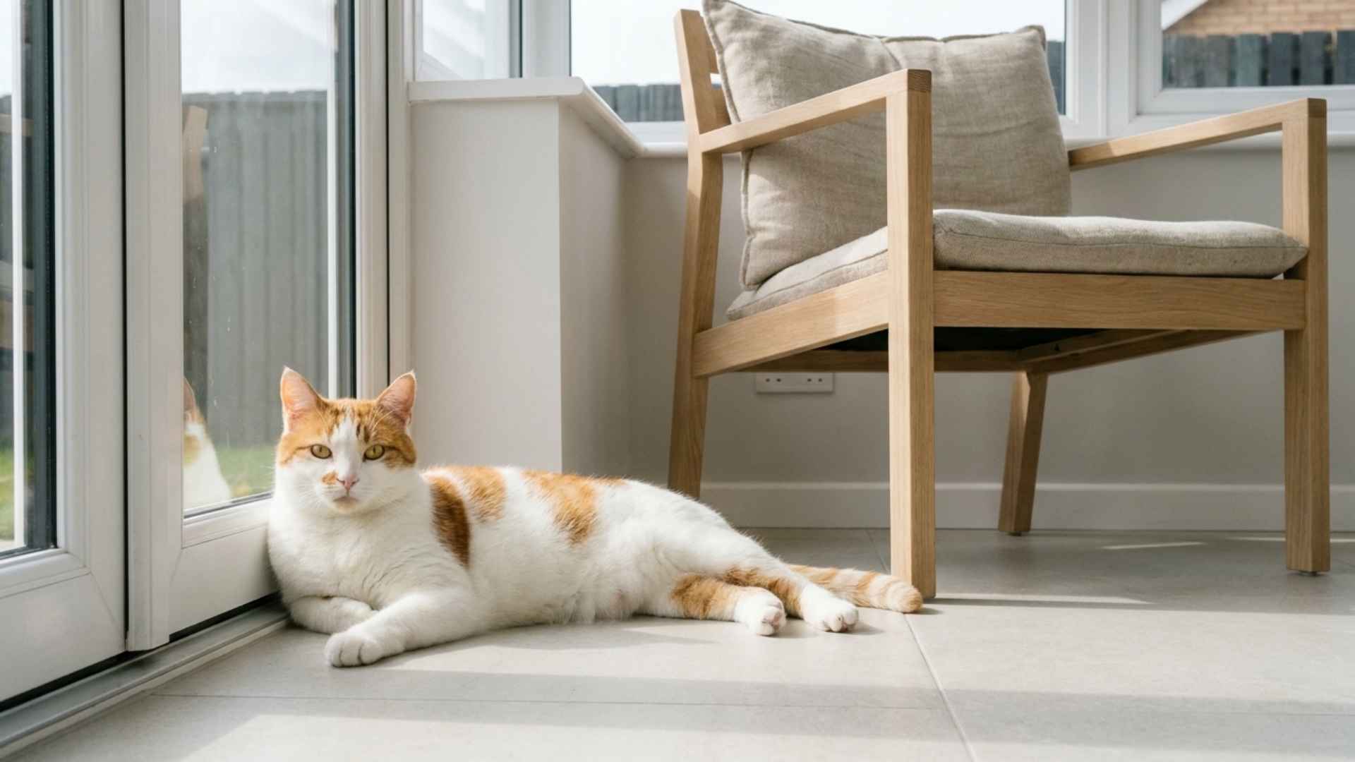 Gato con ojos amarillos tumbado en casa